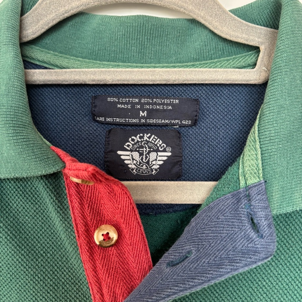 Vintage 90’s Levi’s Dockers Long Sleeve Green Cotton Pique Polo Rugby Pullover M - Picture 3 of 8